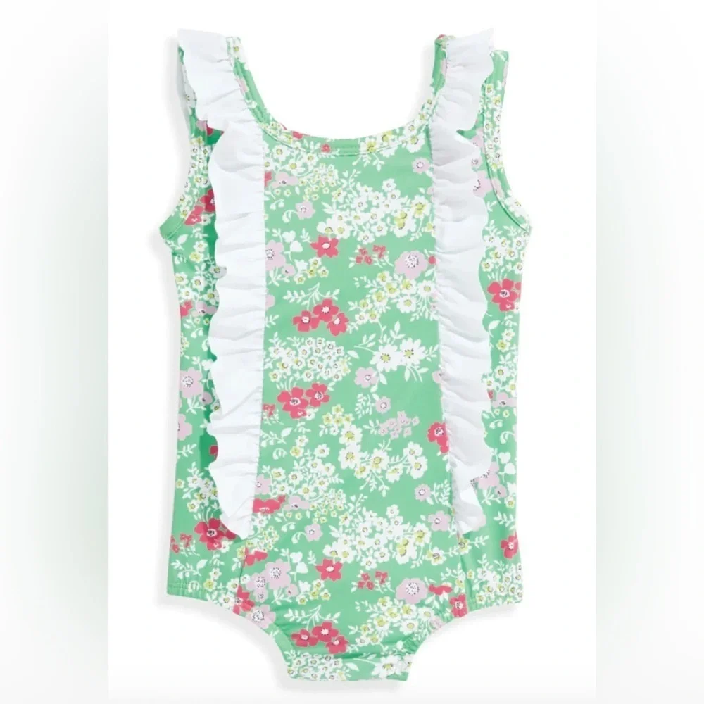 BELLA BLISS Toddler Floral Green and Ruffle One Piece Bathing Suit Size 3